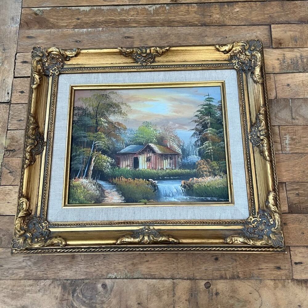 Vintage-style Oil Painting Cabin by a river Gold Ornate Wood Frame - Picture 9 of 11